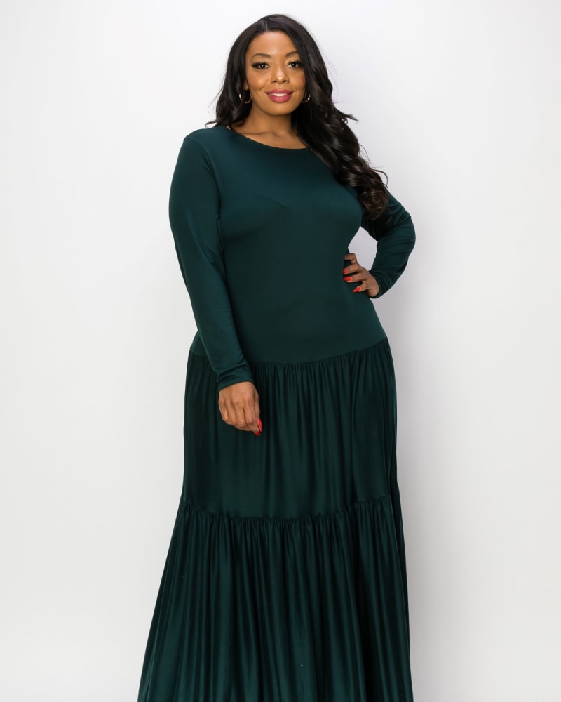 Front of a model wearing a size 2X Alice Tiered Maxi Dress in Hunter by L I V D. | dia_product_style_image_id:258024